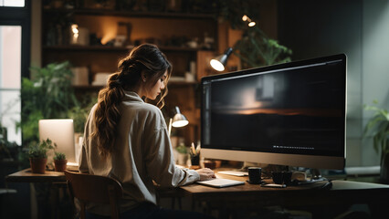 Back view of Creative young woman working on laptop in her studio