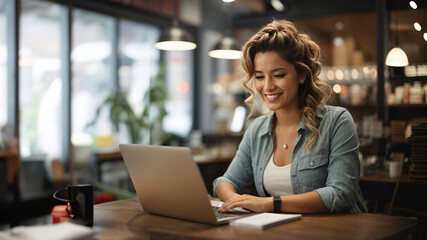 Happy female business owner paying bills at laptop in shop, look at camera