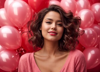 Stunning girl having fun in valentine's day. Studio photo of carefree lady isolated on pink with red balloons. full body