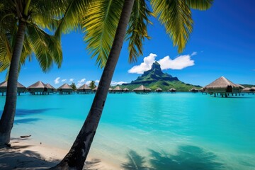 Tropical island with water bungalows and coconut palm trees, Luxury overwater villas with coconut palm trees, blue lagoon, white sandy beach at Bora Bora island, Tahiti, French, AI Generated