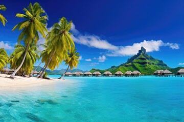 Beautiful beach with water bungalows and palm trees at Maldives, Luxury overwater villas with coconut palm trees, blue lagoon, white sandy beach at Bora Bora island, Tahiti, French, AI Generated