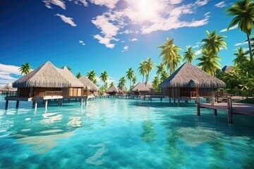 Beautiful beach with water bungalows at Maldives. 3D rendering, Luxury travel vacation destination panoramic banner. Romantic honeymoon getaway in overwater bungalows villas, AI Generated - obrazy, fototapety, plakaty