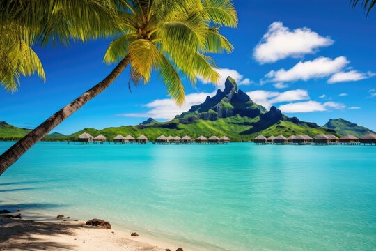 Beautiful beach at Seychelles, La Digue island, Luxury overwater villas with coconut palm trees, blue lagoon, white sandy beach at Bora Bora island, Tahiti, French Polynesia, AI Generated