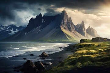 Fantasy landscape with mountains and fjord. 3d rendering, Majestic summer scene of Stokksnes headland with Vestrahorn Batman Mountain on background, AI Generated - obrazy, fototapety, plakaty
