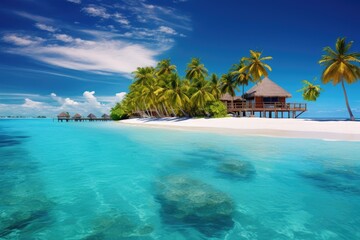 tropical beach on Maldives with few palm trees and blue lagoon, Maldives Islands Tropical, AI Generated