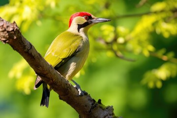 Great Spotted Woodpecker Dryocopus martius, Male Green Woodpecker Picus erythrorhynchus perched on a tree, AI Generated