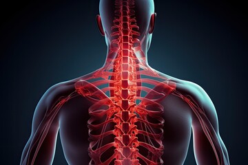 Human skeleton anatomy - visible bones. 3D Rendered medical illustration, Male Hurt Backbone Vertebrae Pain, 3d, AI Generated - obrazy, fototapety, plakaty