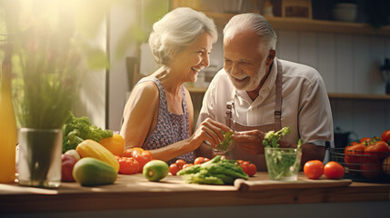 An elderly couple making a healthy vegetarian meal using vegetables together, kitchen background, backlighting.