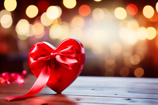 A red heart with a ribbon on a table with blurry lights in the background and a blurry background. Bright image