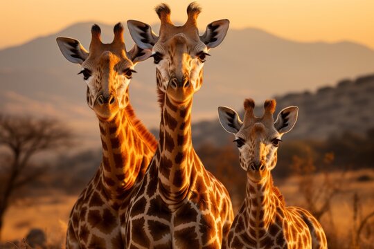  Family of giraffes grazing on acacia trees, Generative AI
