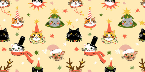 Seamless pattern with Cute cartoon cats wearing different Christmas outfits.  Hand drawn vector illustration. Funny xmas background. - 671977103