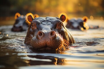 Hippos basking in a river under the sun, Generative AI - obrazy, fototapety, plakaty