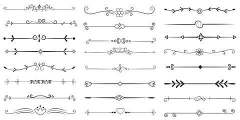 Page Divider And Design Elements. Set of Various Simple Black Divider Design, Assorted Divider Collection Template Vector. Collection of floral dividers elements mega decoration for Calligraphy.