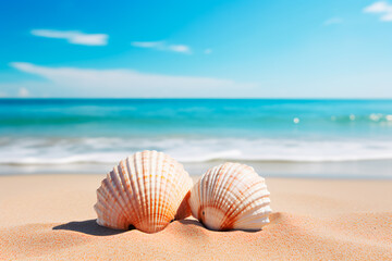 Two seashells on a beach with a blue sky in the background. Relaxation on a beach. Bright image