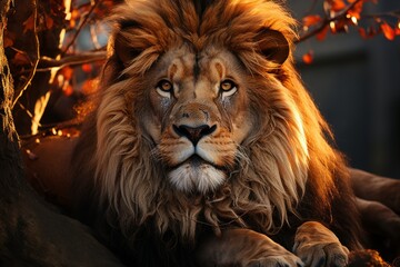 Naklejka premium Majestic lion resting in the savannah, Generative AI