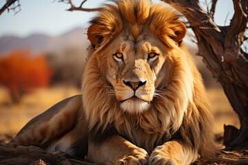 Fototapeta premium Majestic lion resting in the savannah, Generative AI
