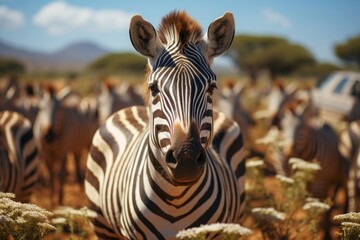 Safari jeep surrounded by a herd of zebras, Generative AI