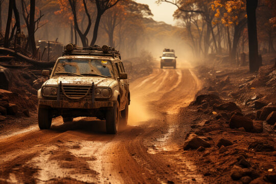 Safari vehicle on a dusty African road, Generative AI