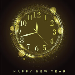 Fototapeta na wymiar Happy New Year or Christmas card with golden clock. Vector