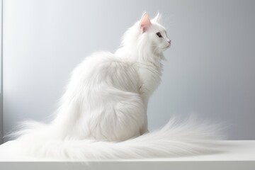 Photo of a fluffy Turkish Angora cat with a luxurious tail on a clean white countertop. Generative AI
