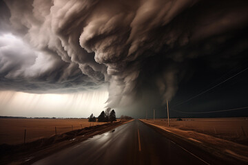 extreme weather conditions. stormy clouds forming a tornado over the land. severe storm