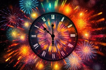 new year celebration countdown to midnight clock and fireworks. AI generative - obrazy, fototapety, plakaty