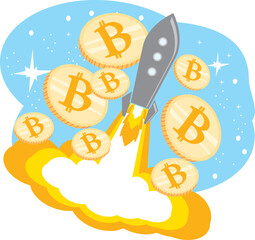 colorful and playful rocket with fire at the bottom launch to the moon with cryptocurrency bitcoin. good for trading,news,crypto,investment,bank,investor