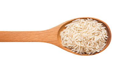 Wooden spoon with long rice isolated on transparent background