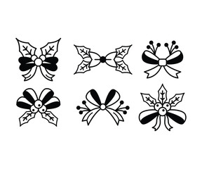 set of christmas gift bows with ribbons vector illustration icon design black white element object collections