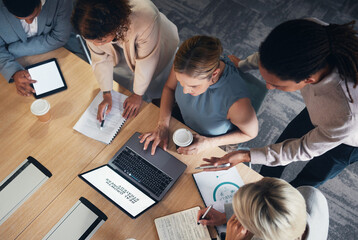 Top view, business people and technology screen in meeting for teamwork planning, finance diversity or investment strategy. Corporate men, women and collaboration on laptop mockup and tablet mock up