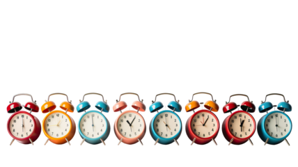 row of alarm clocks on white background