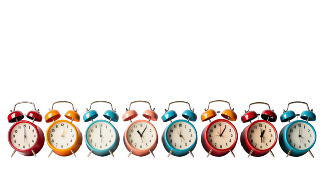 row of alarm clocks on white background