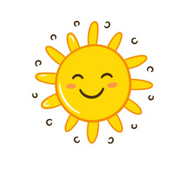 Doodle sun icon. Hand drawn smile yellow sun with rays symbol. Doodle children drawing. Hand drawn star character. Hot weather sign. Vector illustration isolated on white background.