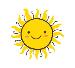 Doodle sun icon. Hand drawn smile yellow sun with rays symbol. Doodle children drawing. Hand drawn star character. Hot weather sign. Vector illustration isolated on white background.