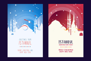 Fototapeta premium Istanbul city poster with Christmas skyline, cityscape, landmarks. Winter Turkey holiday, New Year vertical vector layout for brochure, website, flyer, leaflet, card