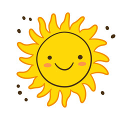 Doodle sun icon. Hand drawn smile yellow sun with rays symbol. Doodle children drawing. Hand drawn star character. Hot weather sign. Vector illustration isolated on white background.