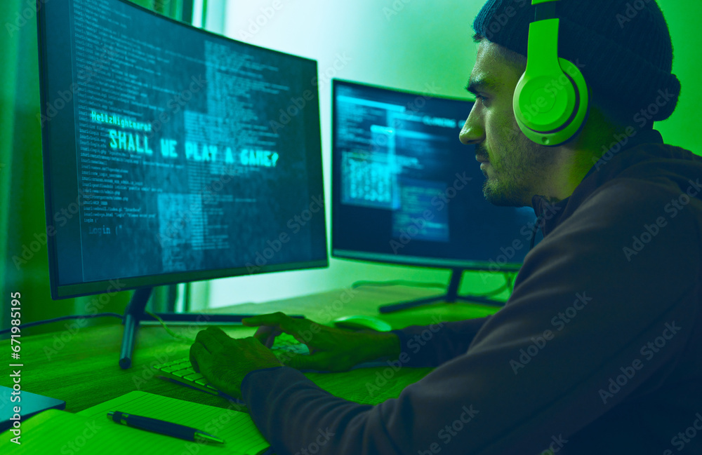 Leinwandbilder Cyber, gaming and a man with a computer for hacking, streaming music or working on phishing. Serious, dark and a hacker or gamer with a website or information on a pc for a network or privacy