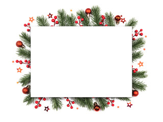 christmas frame with red balls and fir branches