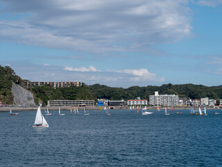 Fototapeta na wymiar 海岸の風景、ヨットのセーリングの練習