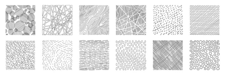 Hand drawn hatching line texture set. Crosshatch, wood, rain, stippling, circle doodle shape. Pencil draw vector illustration.