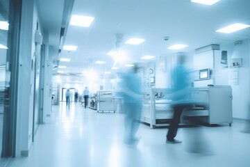 Naklejka na ściany i meble Abstract medical people in white blue hospital corridor and ward room background with motion blur person.