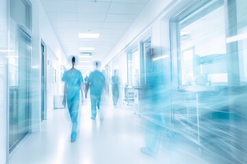 Fototapeta na wymiar Abstract medical people in white blue hospital corridor and ward room background with motion blur person.