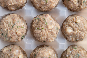top view raw beef balls close up