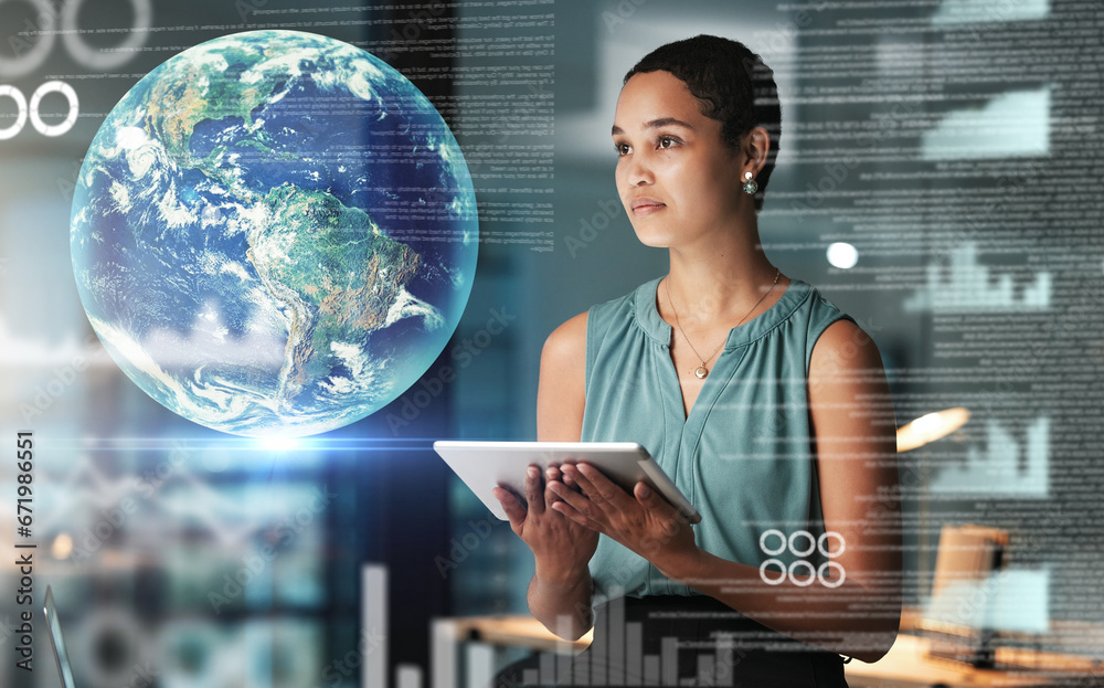 Aufkleber World, finance and tablet with a black woman in the metaverse, doing research or data analysis at work. Overlay, hologram and global with a stock market employee using a vr dashboard to search earth