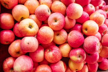 top view fresh apples on sale horizontal composition