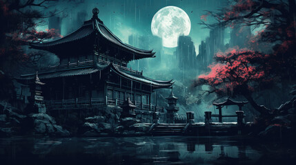 scene in japan castle at full moon night fantasy - obrazy, fototapety, plakaty