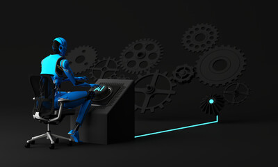 Robot humanoid use computer or tablet in future office while using AI thinking brain , artificial intelligence and machine learning process . 4th fourth industrial revolution. 3D render illustration.