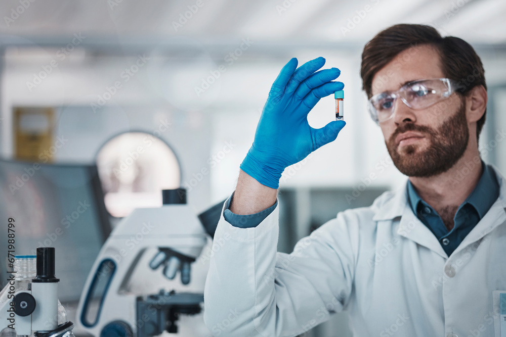 Poster science, blood and dna with a doctor man at work in a laboratory for analysis or research. medical, 