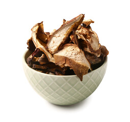 Green bowl with tasty dried mushrooms on white background