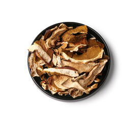 Plate with tasty dried mushrooms on white background